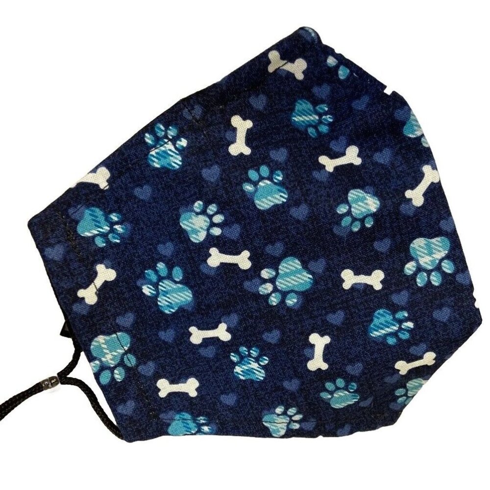 Handmade Adjustable Dog Paw Print Face Mask Blue Bones